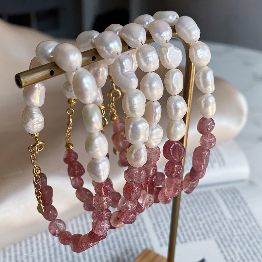 Strawberry Quartz & Pearl Bracelets