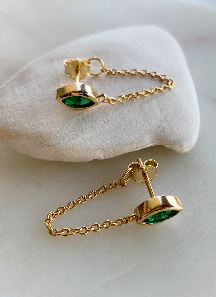 MARQUEE CHAIN GREEN EARRINGS - GOLD