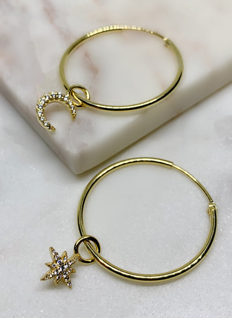 Star and Moon Hoop Earrings - GOLD