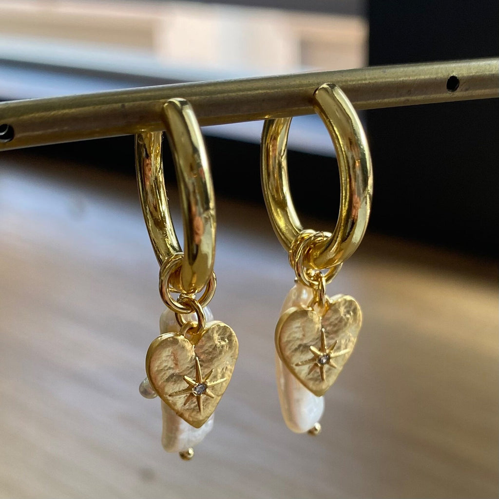 Fresh Pearl and Vintage Heart Charm Hoop Earrings