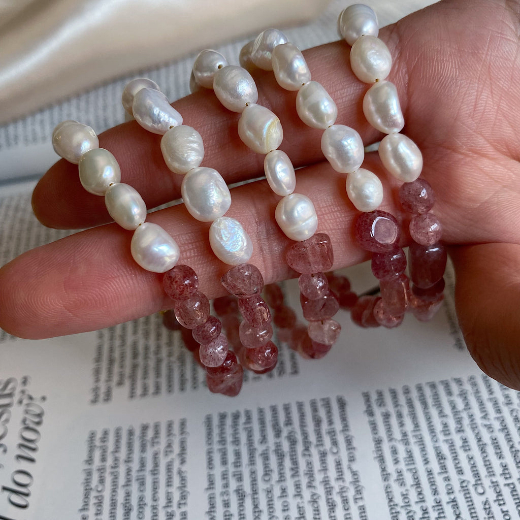 Strawberry Quartz & Pearl Bracelets