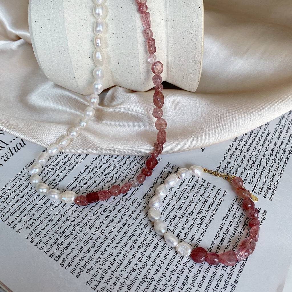 Strawberry Quartz & Pearl Bracelets