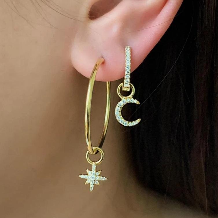 14k Gold-plated Hoop Earrings with Dangling Moon and Star Charms 14k Gold-plated Hoop Earrings with Dangling Moon and Star Charms