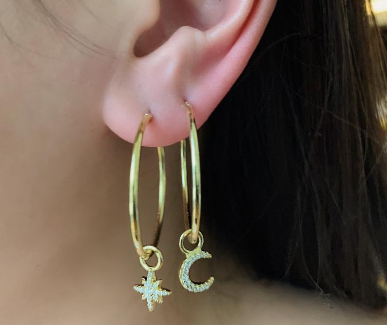 Star and Moon Hoop Earrings - Silver