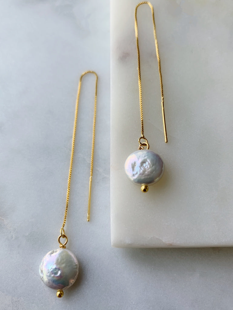 COIN PEARL THREADER EARRINGS