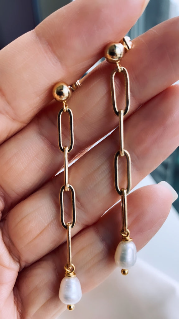 Pearl Link Chain Earring - Gold