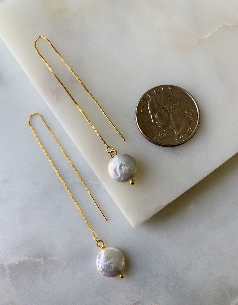 COIN PEARL THREADER EARRINGS