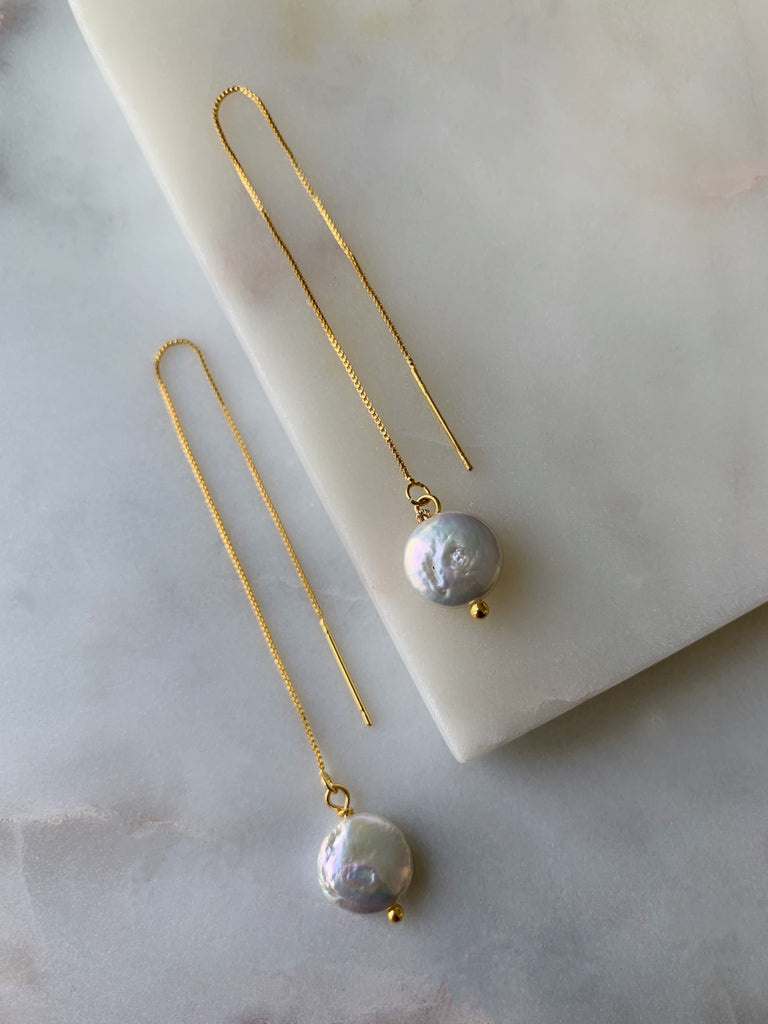 COIN PEARL THREADER EARRINGS