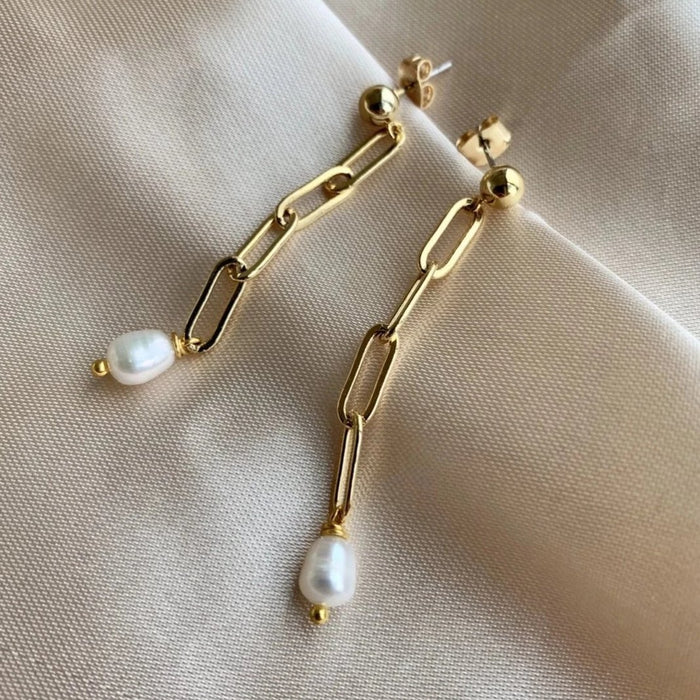 Pearl Link Chain Earring - Gold