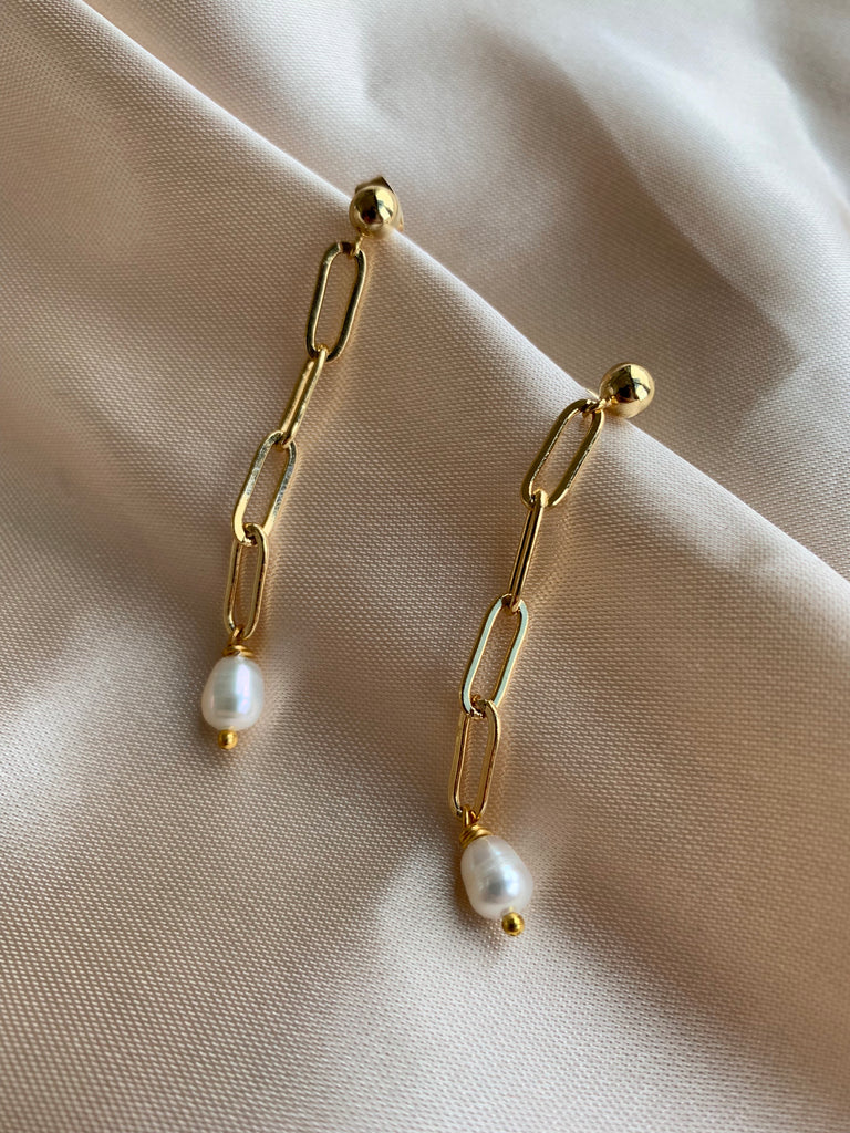 Pearl Link Chain Earring - Gold