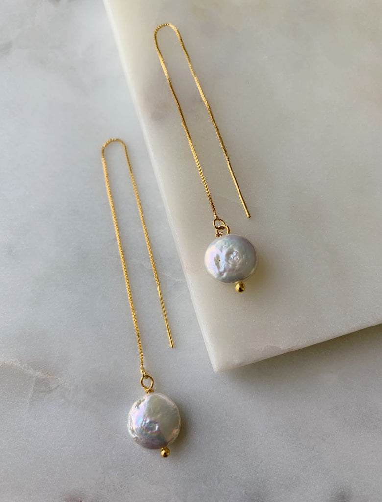 COIN PEARL THREADER EARRINGS