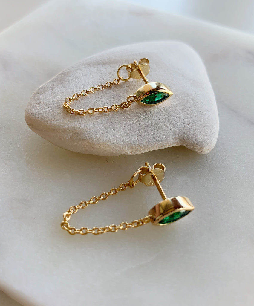 MARQUEE CHAIN GREEN EARRINGS - GOLD