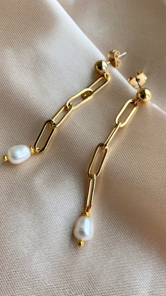 Pearl Link Chain Earring - Gold