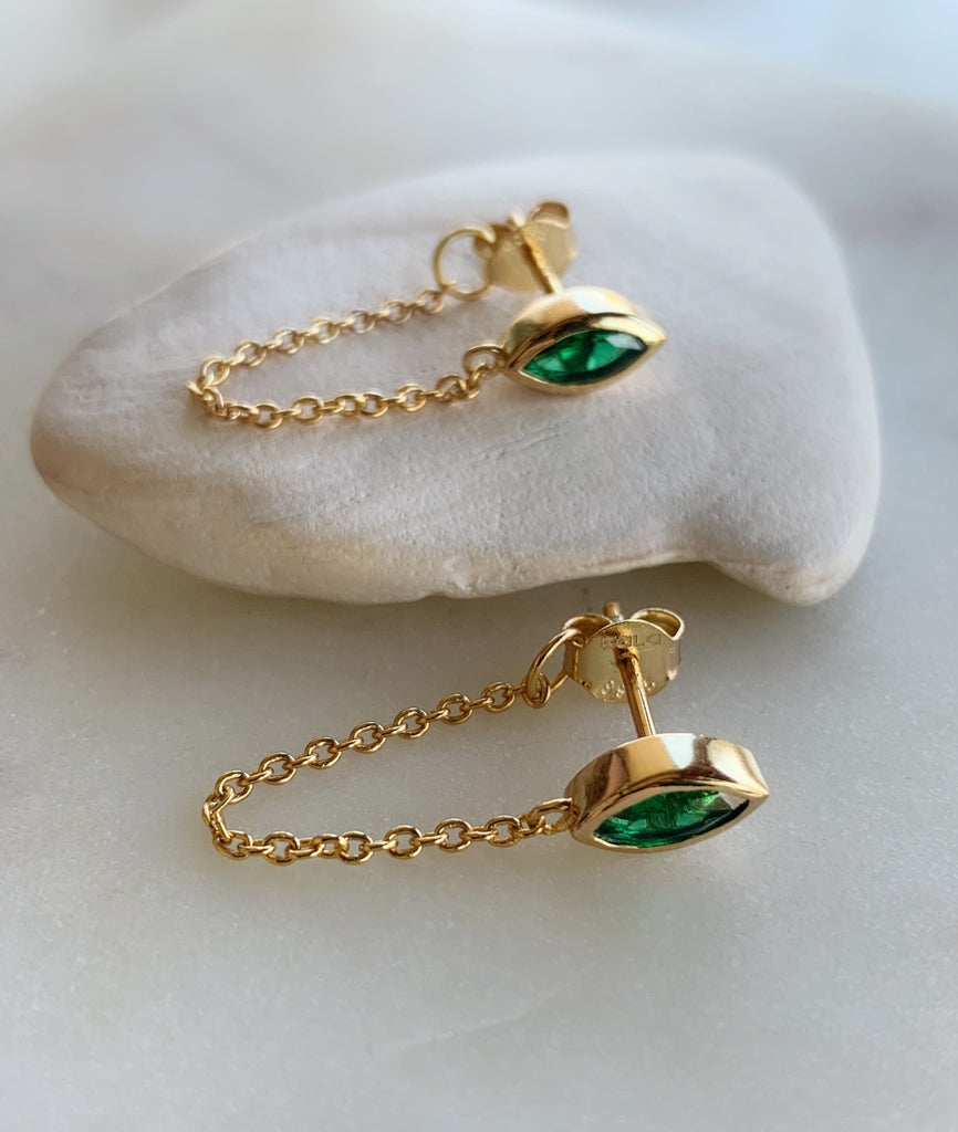 MARQUEE CHAIN GREEN EARRINGS - GOLD