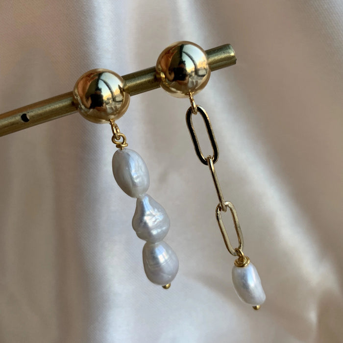 Pearl Link Chain Earring - Gold