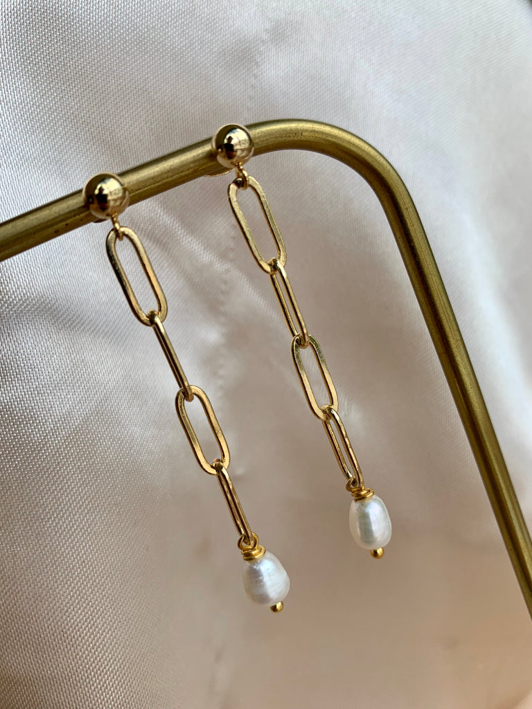 Pearl Link Chain Earring - Gold