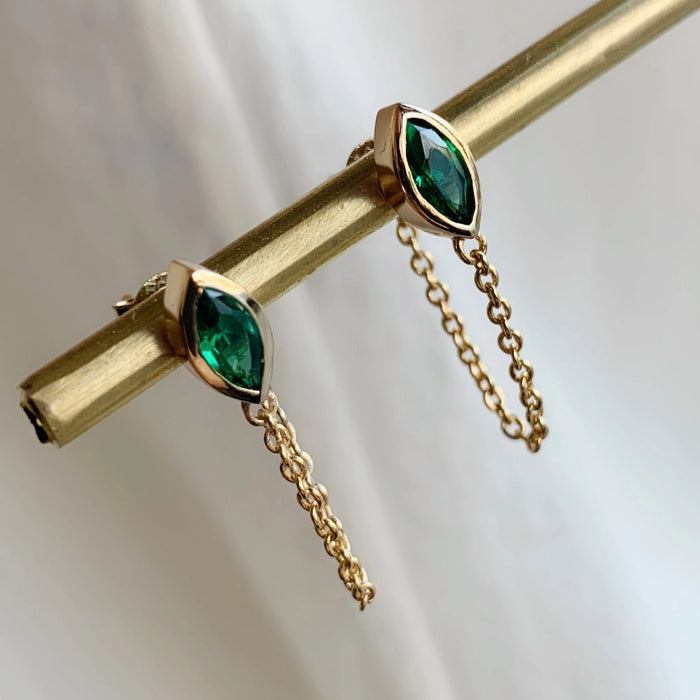 MARQUEE CHAIN GREEN EARRINGS - GOLD