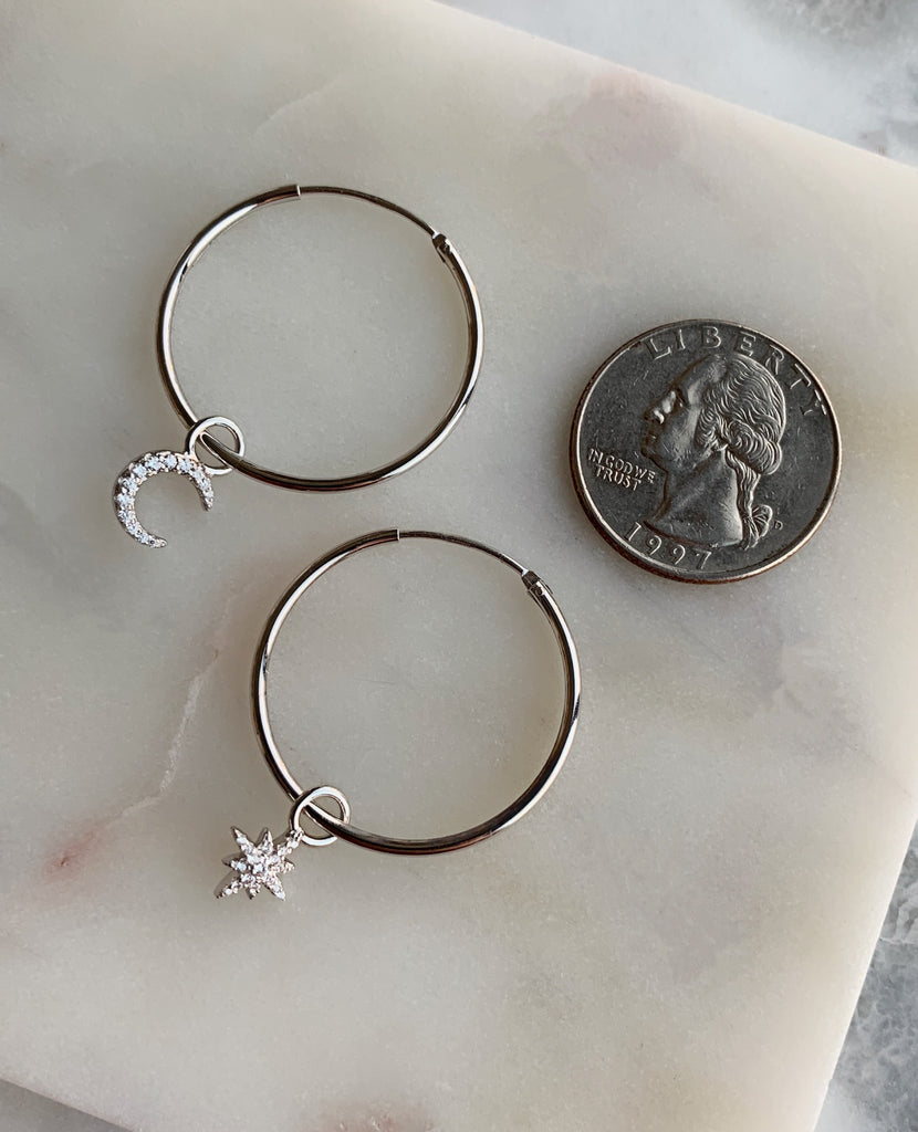 Star and Moon Hoop Earrings - Silver