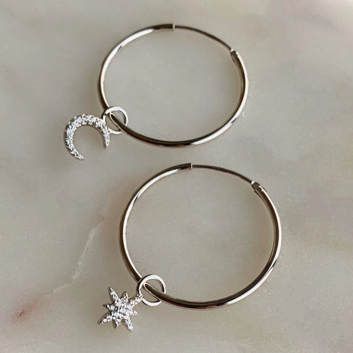 Star and Moon Hoop Earrings - Silver
