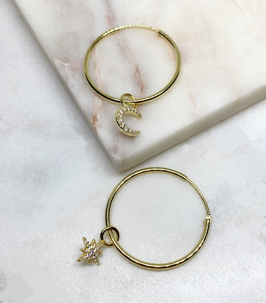 Star and Moon Hoop Earrings - GOLD