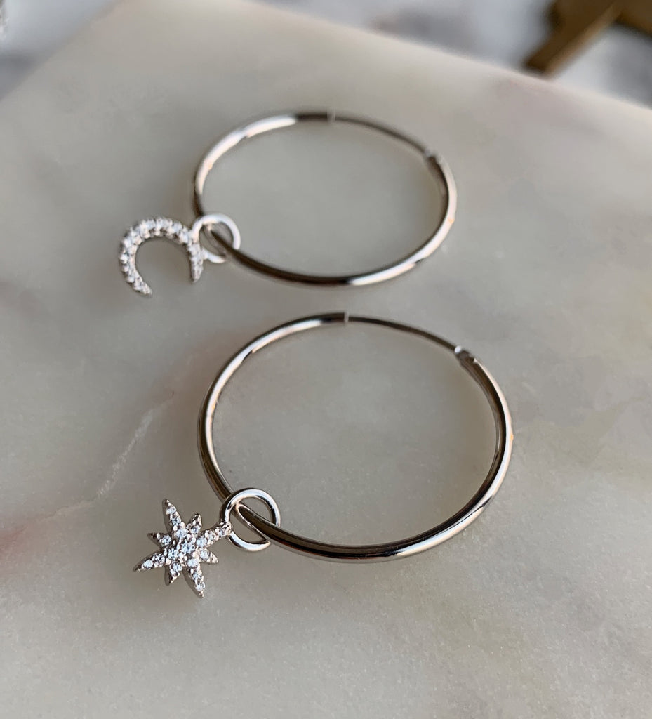 Star and Moon Hoop Earrings - Silver