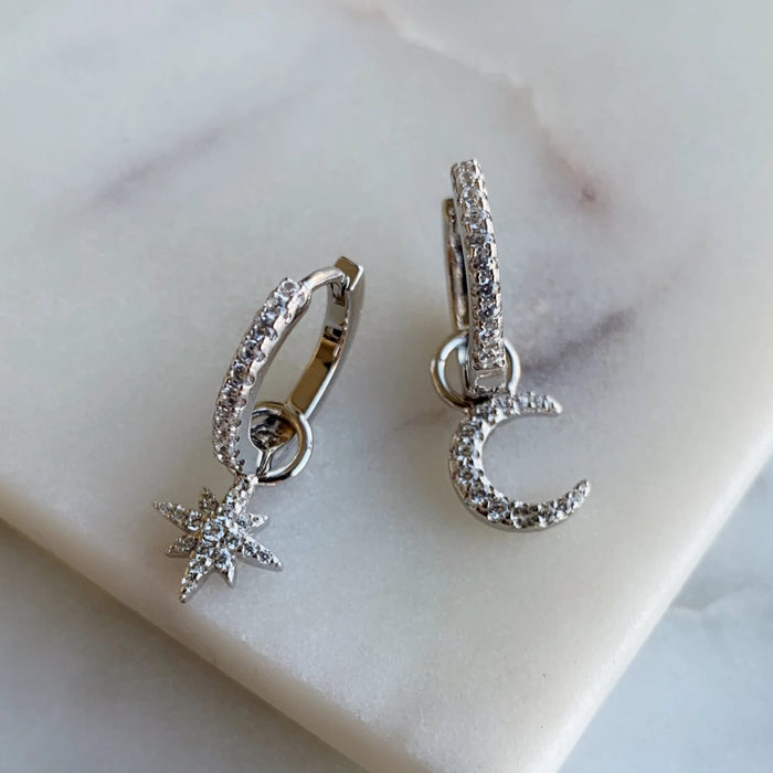 Star and Moon Hoop Earrings - Silver