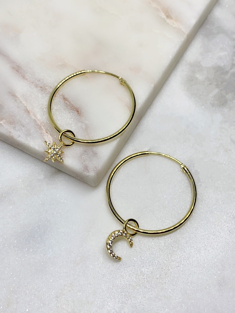 Star and Moon Hoop Earrings - GOLD